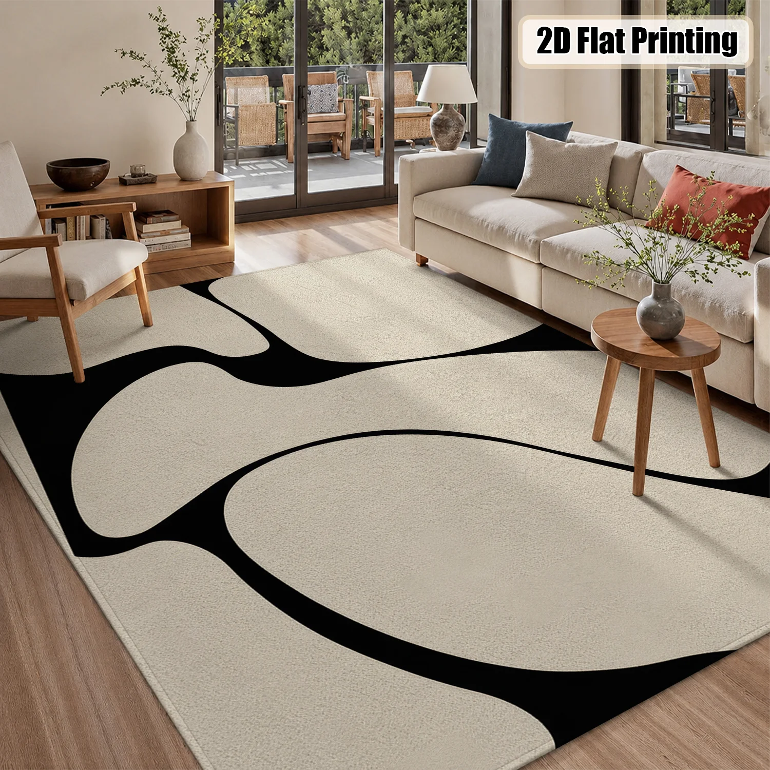 Large Indoor Area Rug, Soft Velvet Low Pile Non-slip Dotted Backing, Machine Washable Modern Abstract Black Beige Organic Pattern, Ideal for Living Room and Bedroom Home Decor - view 4