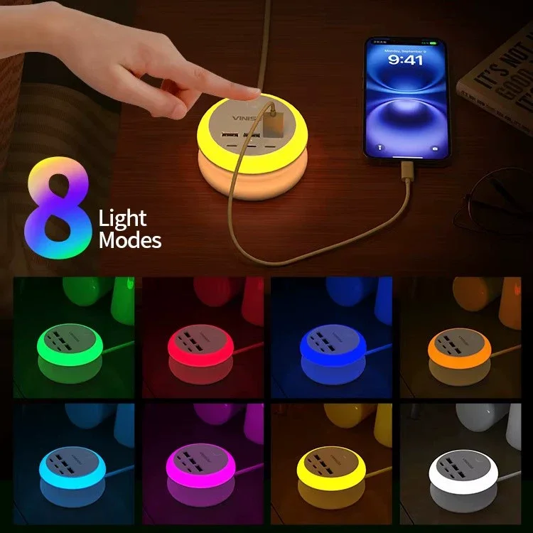 

Многофункциональная круглая розетка с красочными ночниками для офиса и дома, интеллектуальная зарядная розетка Type-C + USB в британском стиле