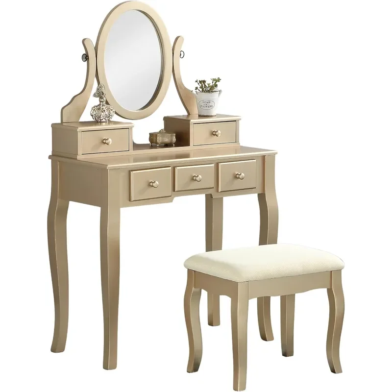 Roundhill Furniture Wood Makeup Vanity Table and Stool Set Gold