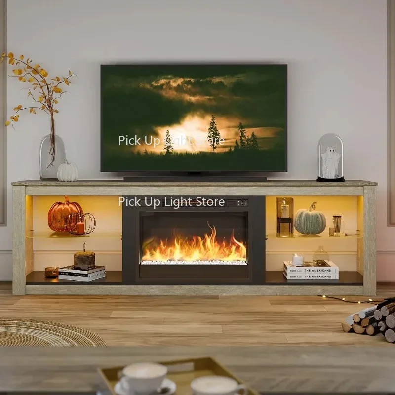 

Modern Electric Fireplace TV Stand For TVs Up To 75" With LED Light In Wash White