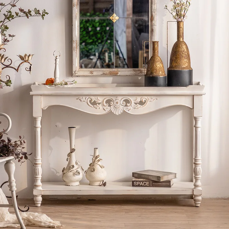White Carved Entrance Table, Living Room Wall Decoration Table, Creative End View Table
