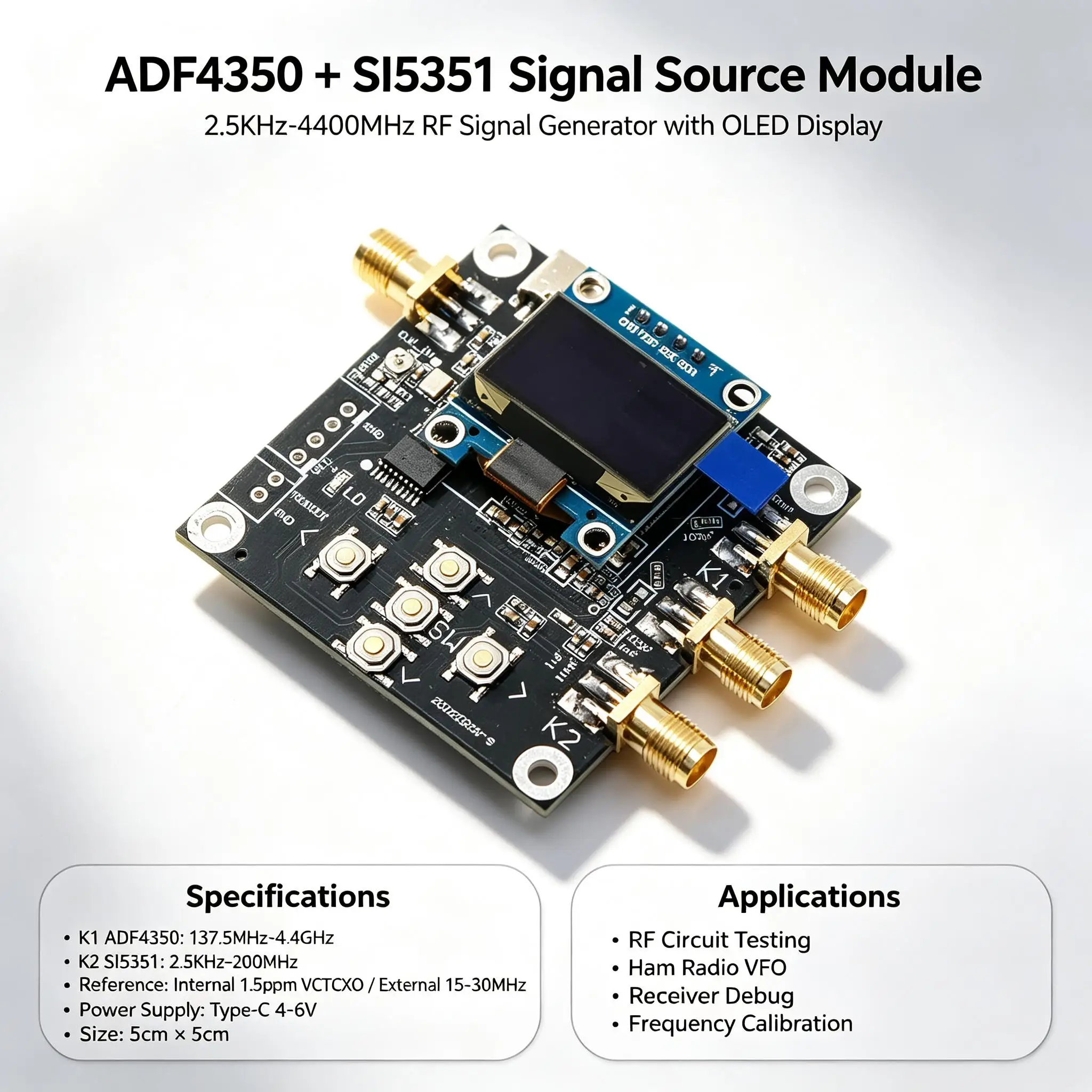 DYKB Signal Generator ADF4350 SI5351 2.5KHz-4.4GHz Dual SMA Out OLED For Receiver Dev & Frequency Calibration Tool & VFO Module