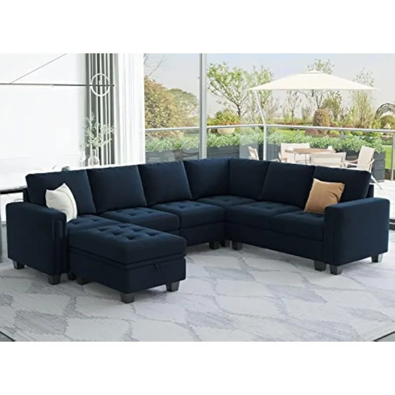 

Storage Ottoman 6 Seater L Shaped Sectional Modular Sofa Couch with Reversible Chaise Convertible Corner Sectional Couch Blue