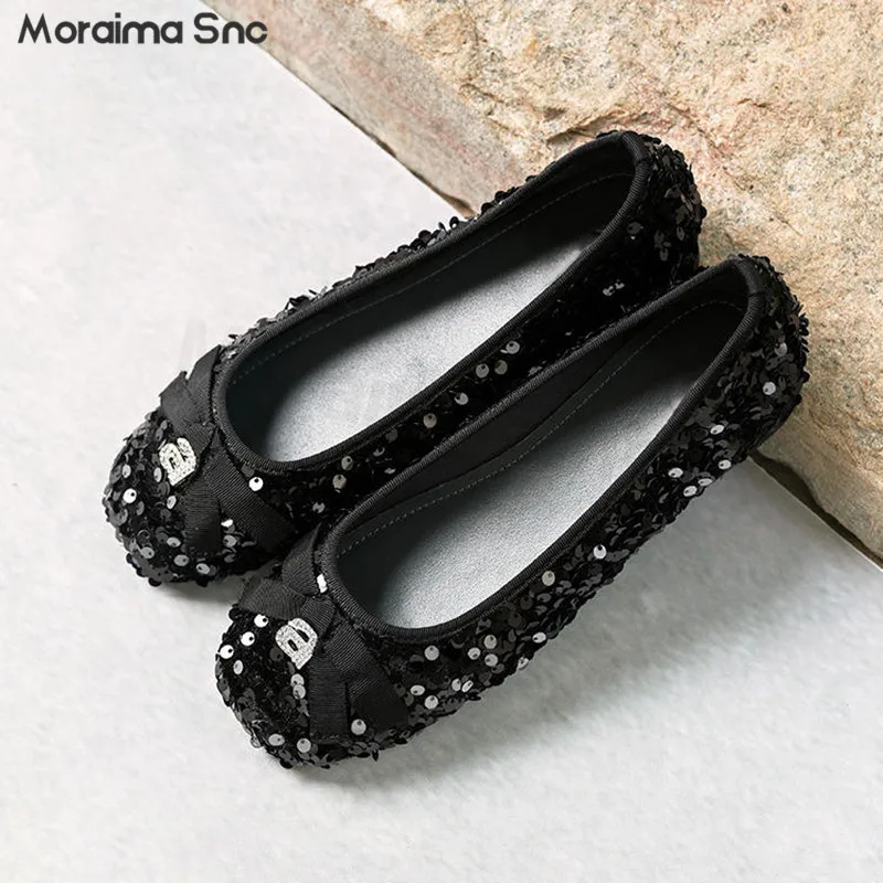 

Shiny Sequined Bowknot Shoes Elegant Slip-On Bowknot Mary Jane Shoes Round-Toed Elegant Fashionable and Casual Women's Shoes