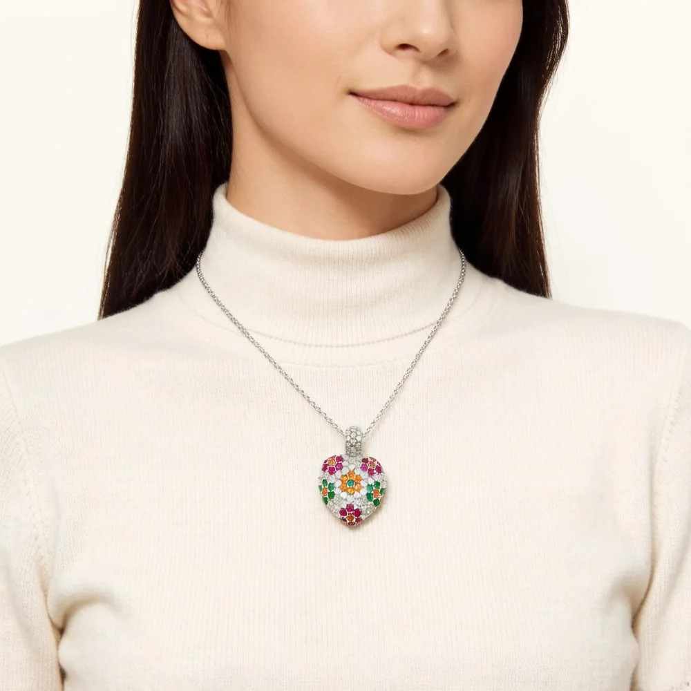 Necklace Heart Colorful Flower Summer Brand New Romantic Fine Jewelry Europe 925 Sterling Silver Gift For Women