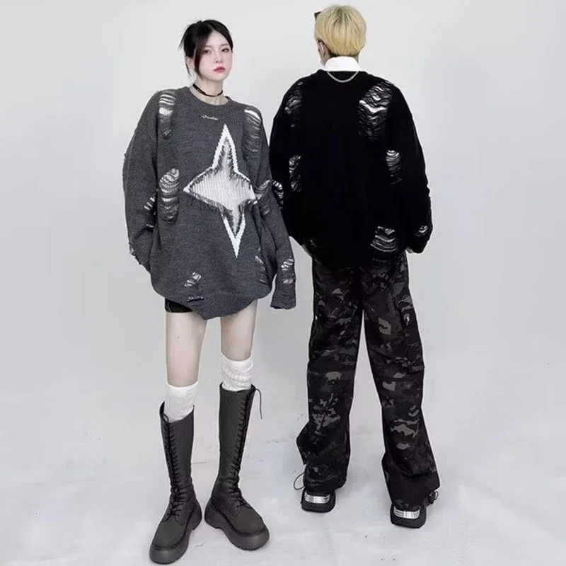 Geometric Hollow Design Men's Knitwear Sweater Vintage High Street Hole Pullover Autumn Winter Knitted Jumpers Sweater Oversize