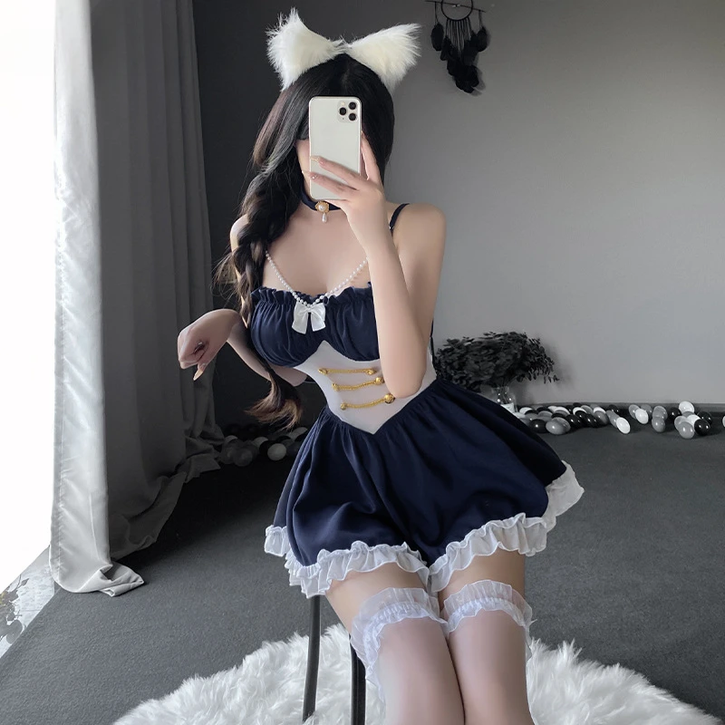 Сексуальное женское белье в стиле пэчворк, плиссированное платье на подтяжках, пышная юбка принцессы, эротический студенческий наряд горничной для ролевых игр, жемчужные костюмы, синий, новый