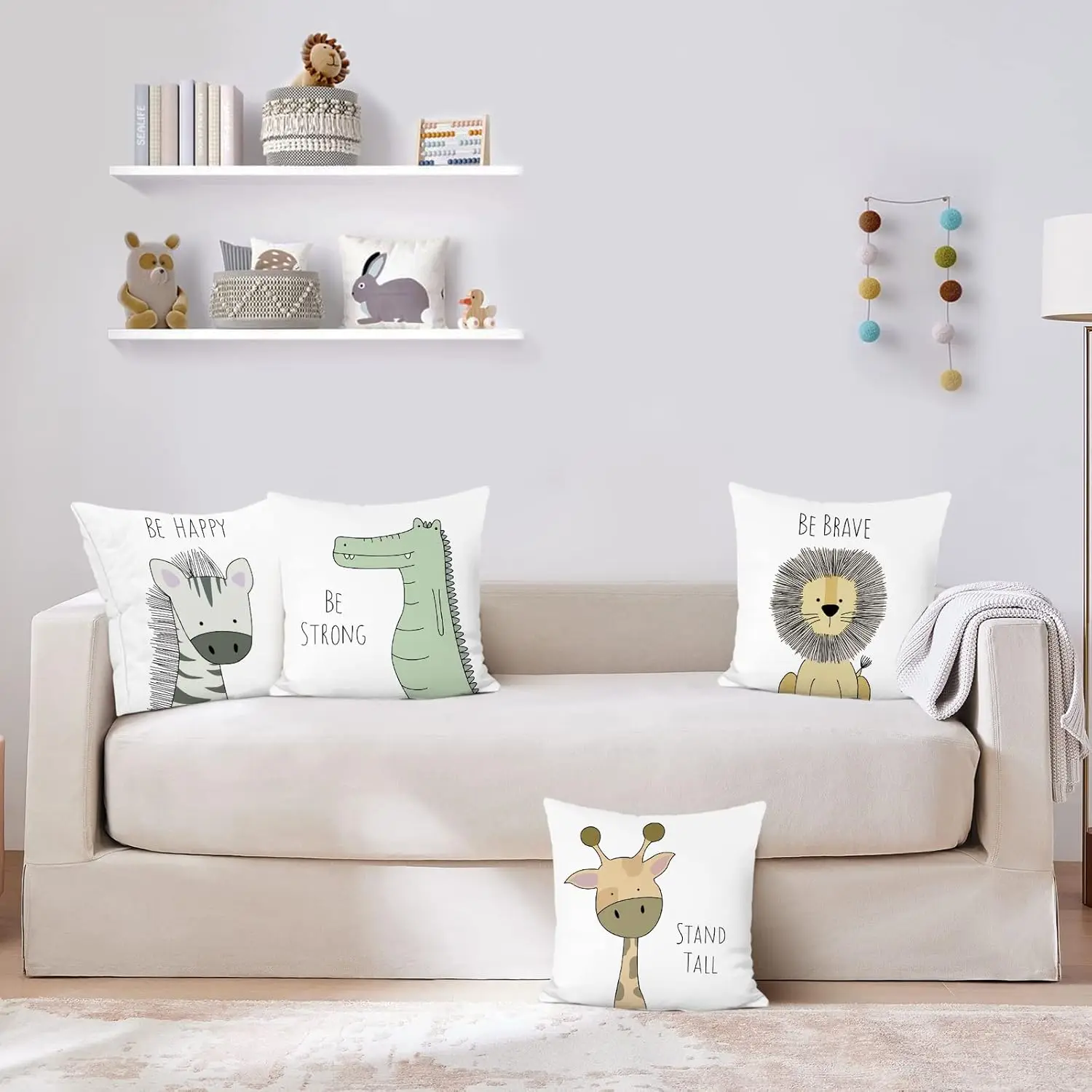 4pcs Cartoon Animal Pillow Covers Polyester Cushion Cases Giraffe Crocodile Zebra Lion Print Throw Pillowcase Set for Kids Room