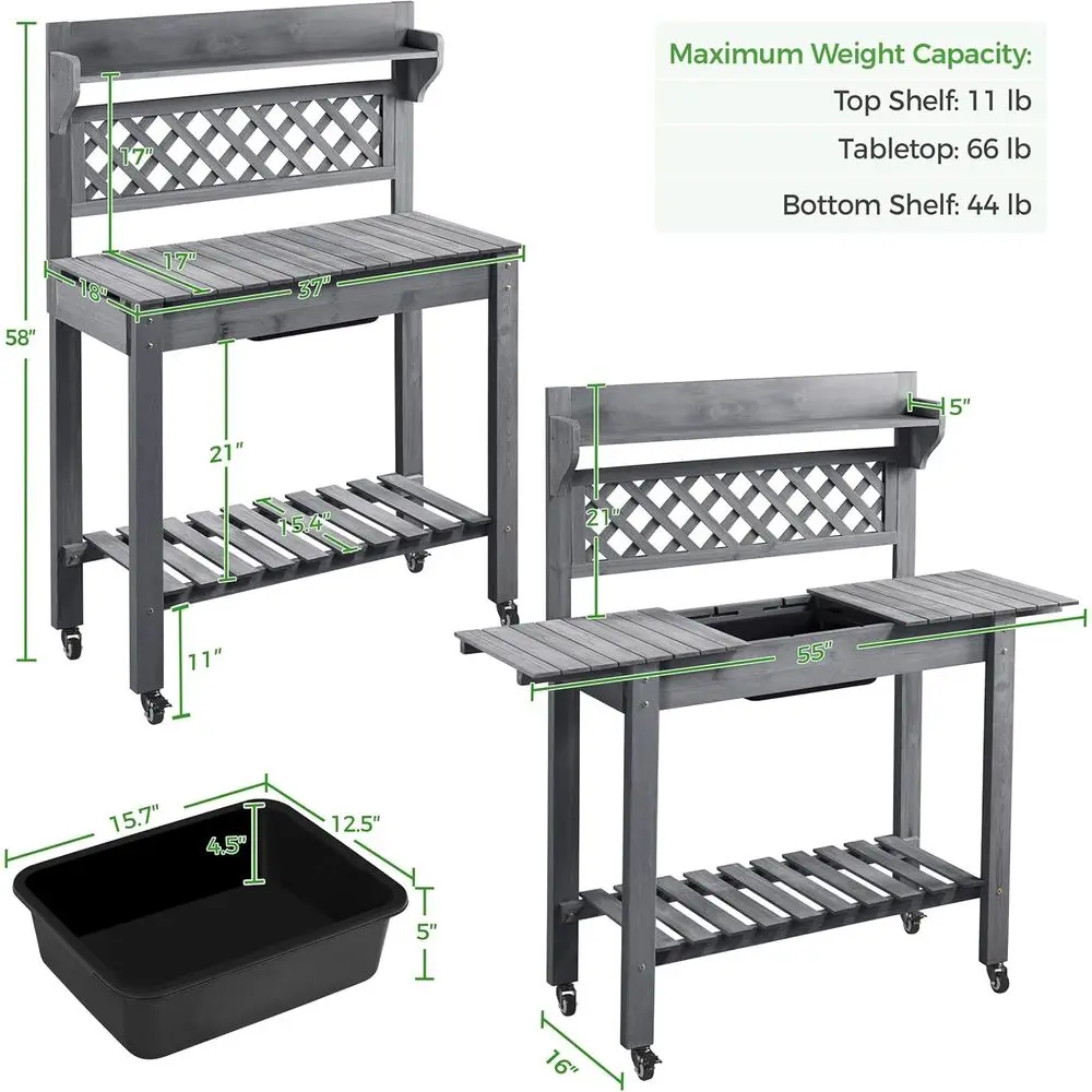 Outdoor Potting Bench with Sink, Garden Table, Lower Shelf, Gray | Sliding tabletop, removable sink, roomy shelf make potting, p