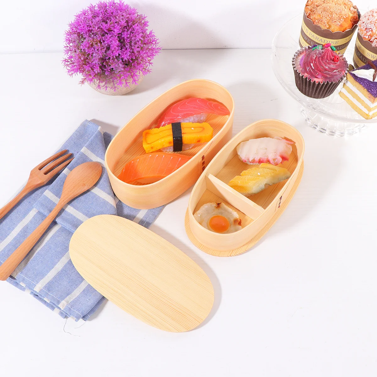 

Double-Layer Wooden Lunch Box White Portable Bento Container Food Carrier for School Office Travel Insulated Compartments