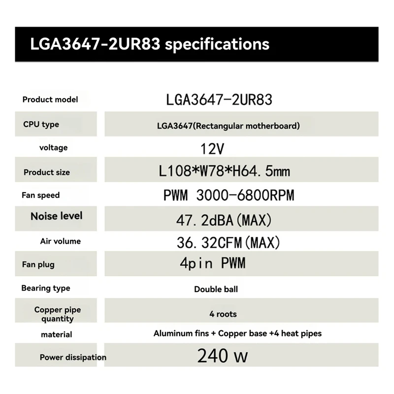 LGA3647-2U-R83 Cooler 240W For Lga 3647 Narrow Type Radiator 2U Heat Sink 4 Heat Pipe Side Blow Cooling Fan - Image 3