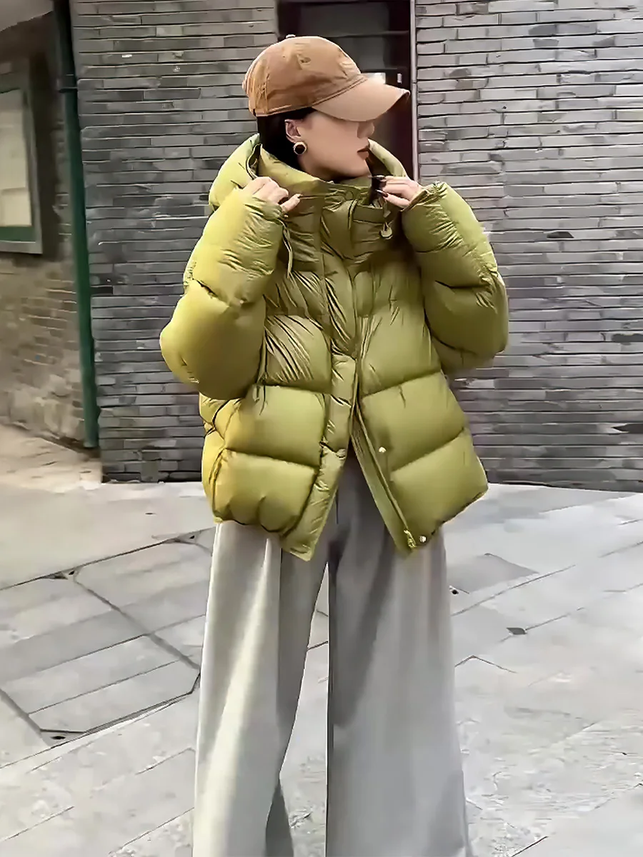 Mujer ort blanco Du down Jaet con capucha Dstring Thi cálido abrigo de invierno Faionable viaje Sle capucha desmontable