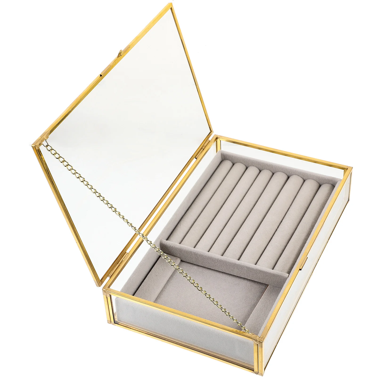

Jewelry Tray Glass Storage Box Premium Transparent Golden Frame Decorative Jewelry Organizer Ring Necklace Display Gift Case