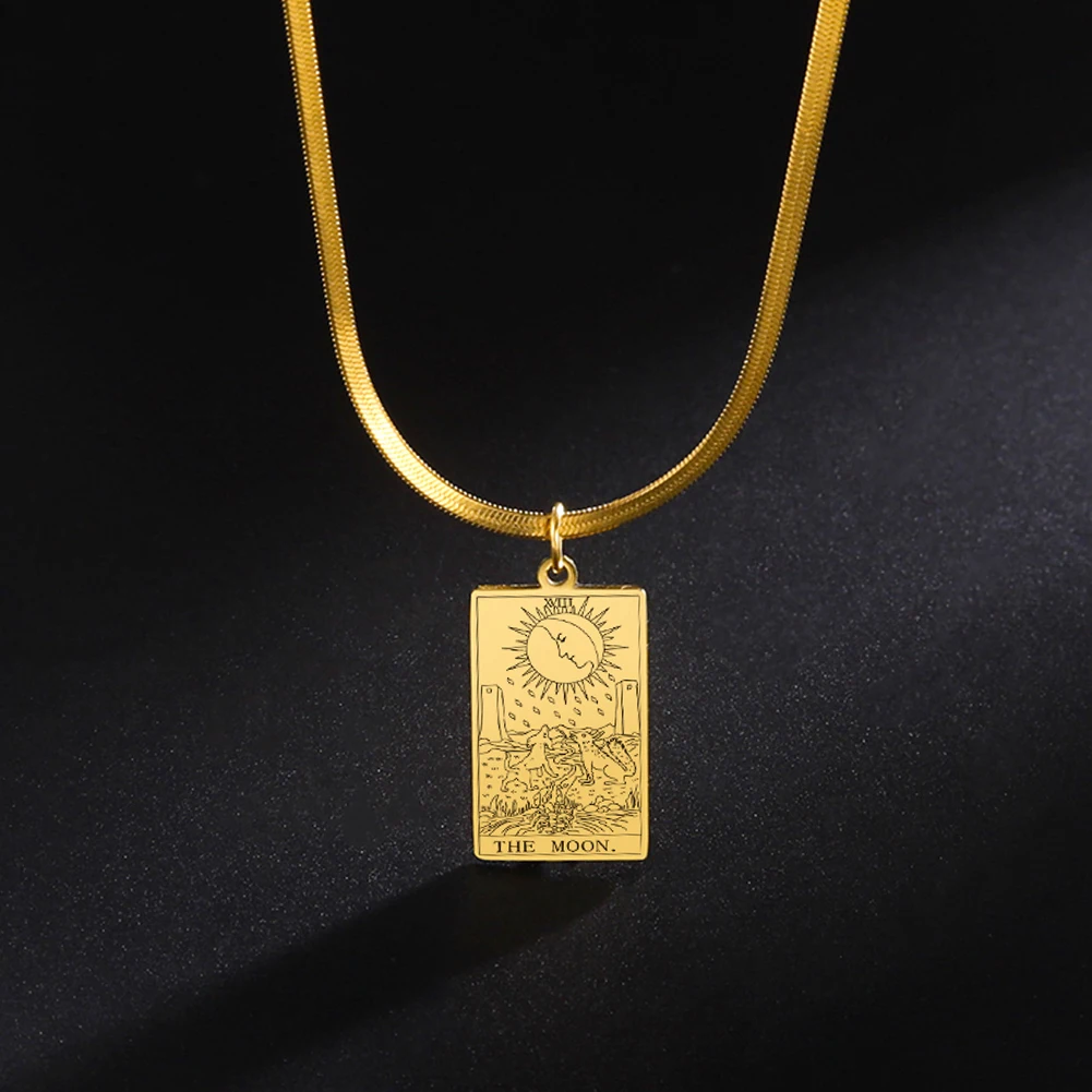 

LIKGREAT Major Arcana Tarot Card Necklace Stainless Steel Snake Chain Necklace Vintage Amulet Moon/Sun/Star Tarot Jewelry Gift