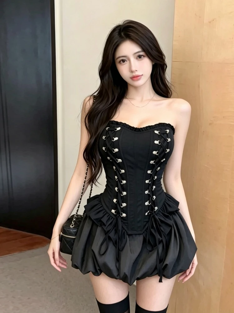 Dark Style Sexy Girl Sleeveless Strapless Fishbone Backless Design Black Top Slimming Effect Women's Ribcage Bandage Crop Top