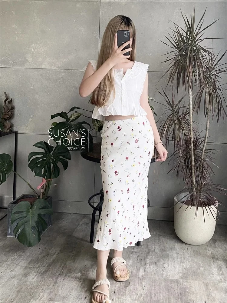 

Susan High Waist A-Line Skirt Floral Print Casual Country Sle White f-length Skirts for Women Commute Chain Embroidery