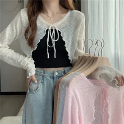 Fashion Solid Color Cropped Cardigan For Women Girls Summer Thin Casual Sunscreen Lace-Up Tops Sweet Long Sleeve Short Coats