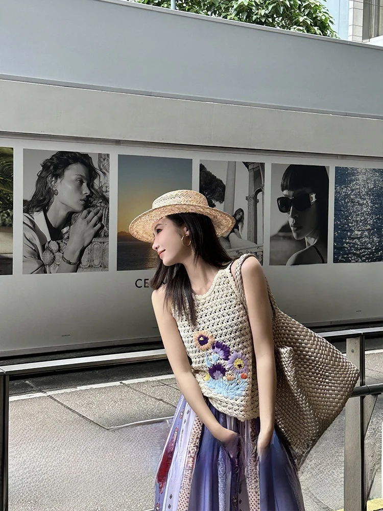 

ZQ вязаный жилет из чистого хлопка с тяжелой вышивкой и цветочным принтом, летний новый женский вязаный топ, маленький ence