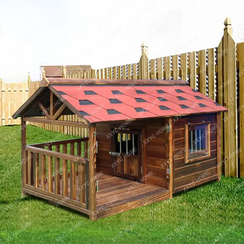 Solid Wood Large Dog House Outdoor Waterproof Kennel Outdoor Summer Cool Nest Rain-Proof Winter Warm