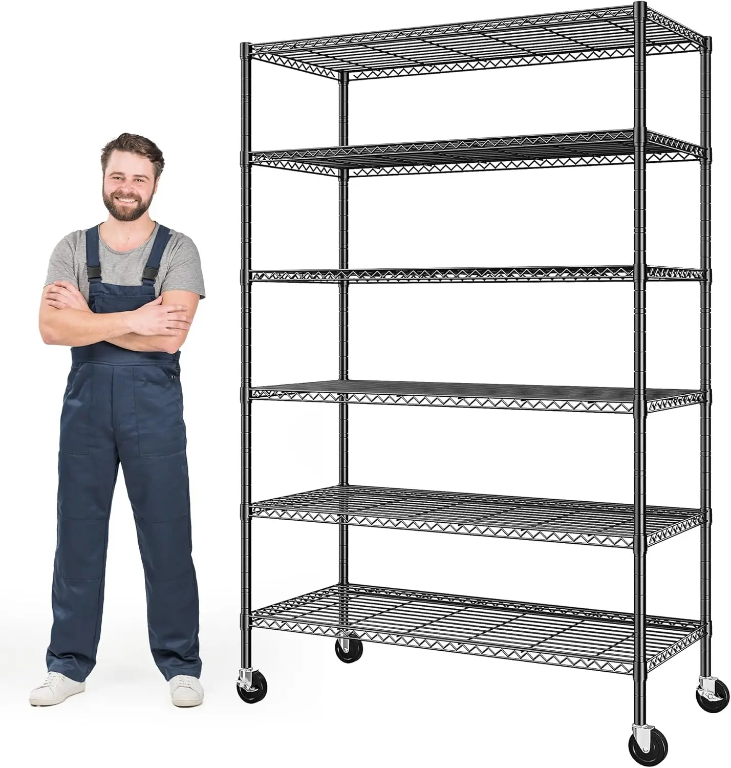

6-Tier Rolling Storage Shelves, 82" H x 45" W x 18" D Adjustable Wire Shelving Unit with Locking Wheels, Heavy-Duty Metal Rack for Garage, Pantry, Kitchen, Basement – Black