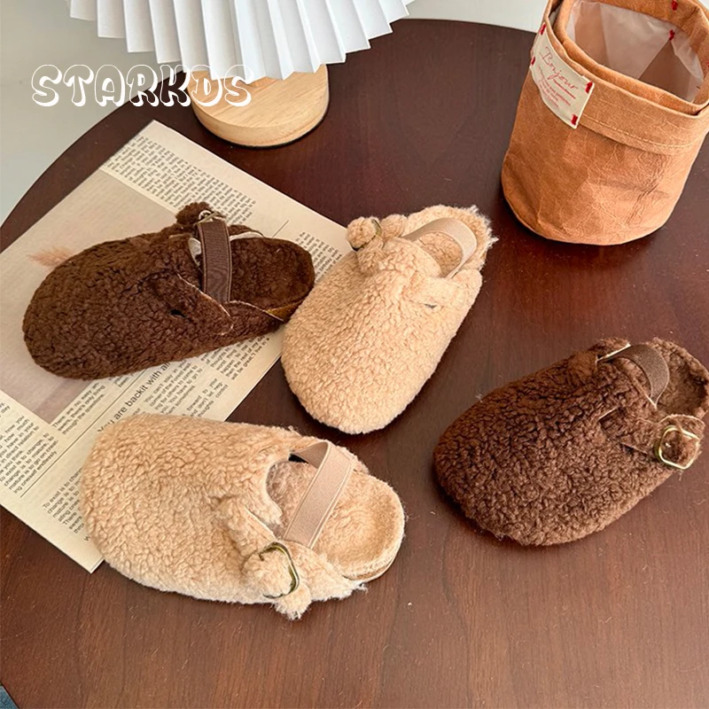 

Warm Shearling Birken Clog Sandals Baby Girl Brand Design Lambswool Mules Toddler Kid Soft Cork Sole Elasic Band Fur Slide Shoes