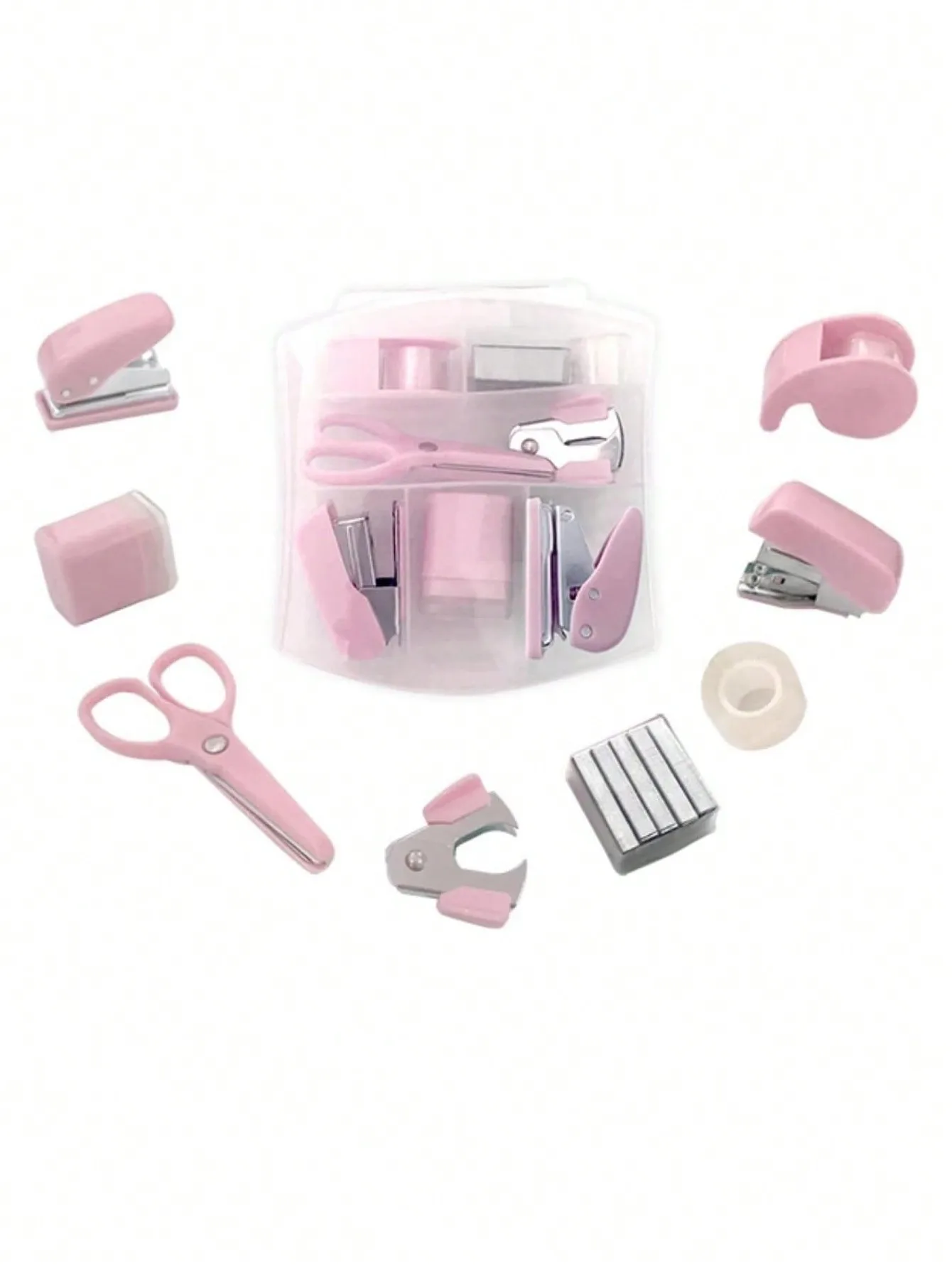 8 قطع من مجموعات مستلزمات المكاتب الصغيرة، اللوازم المدرسية الصغيرة – تتضمن دباسة صغيرة، مقص، مزيل التيلة، الدبابيس، موزع الأشرطة