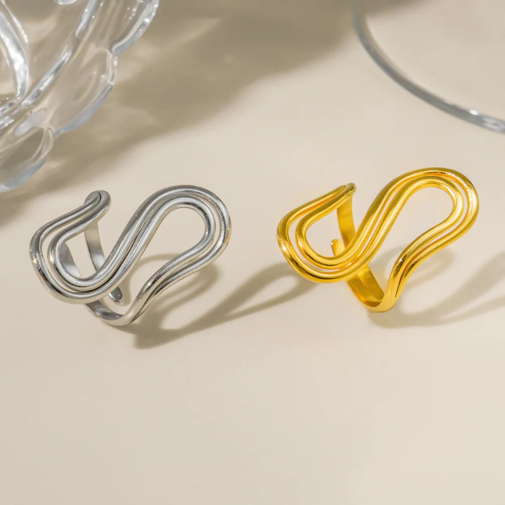 Stainless Steel Line Design Women's Rings 18K Gold Plated Gold S Shape Rings Waterproof Jewelry for Daily Wear