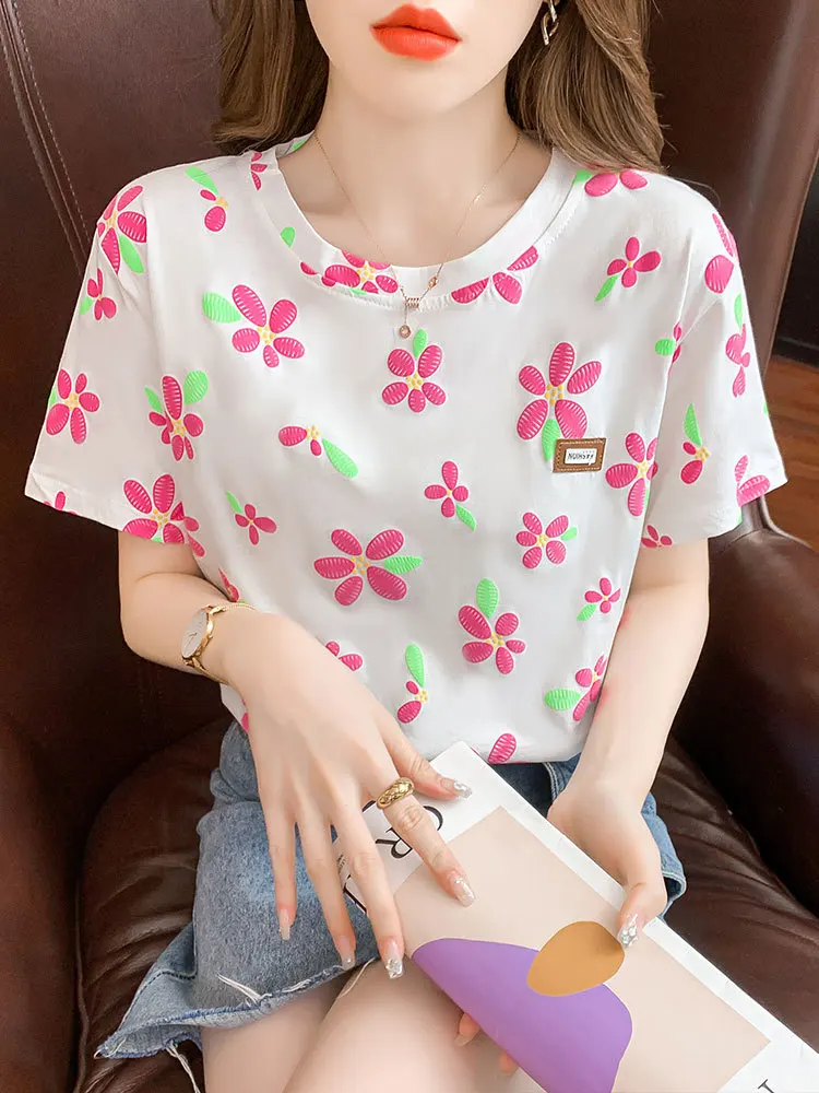 100% Cotton Floral Printed T-shirts for Women 2023 Summer Short Sleeve T Shirt Female Casual O-neck Tops Tees Tshirt