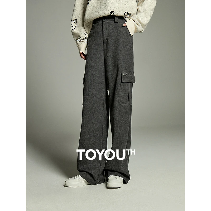 

Toyouth Women Casual Pants 2023 Winter High Waist Straight Wide-leg Trousers Large Pocket Elegant Commuting Casual Warm Pants