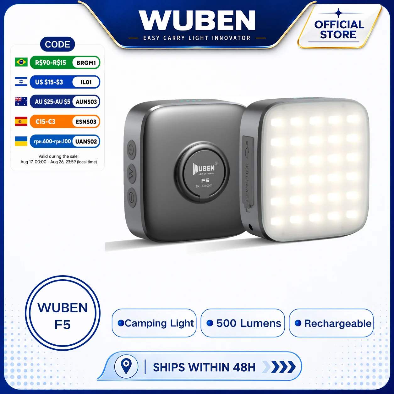 Luz de camping multifuncional WUBEN F5 500 Lumens IP64 com carregamento Tipo-C, power bank móvel, luzes para barracas de camping ao ar livre.