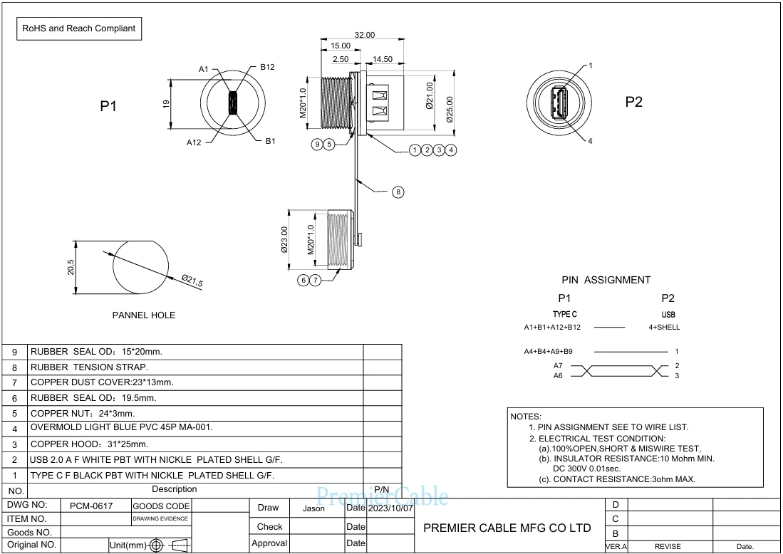 Robuster USB 2.0 A-Buchse auf Typ-C-Buchse-Koppler, IP67, für bündige Einbaumontage, Schottmontage, Durchgangsanschluss für Laden und Datenübertragung. – Detail 1