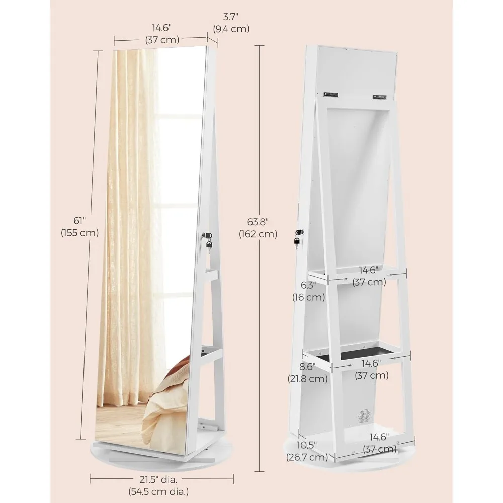 Staande Sieradenkast, 6 Leds Afsluitbare Spiegel, 360 ° Draaibaar, Frameloze Passpiegel, 3 Opbergplanken, Spiegelkasten