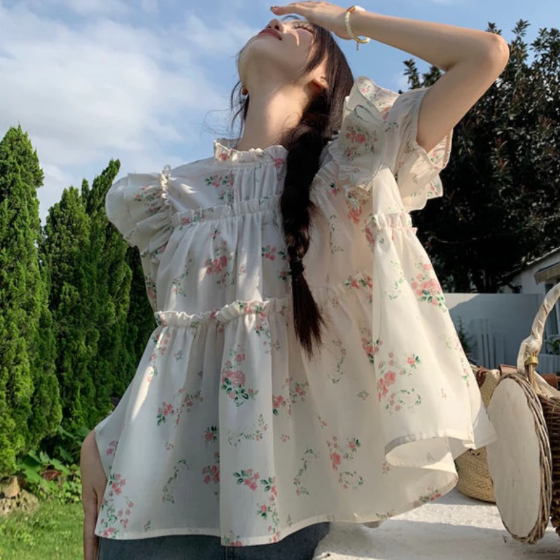 Princess Floral Blouses Women Graceful Ruffles Age-reducing Kawaii Summer Mori Girl Style Fashion New Korean Version Loose Tops