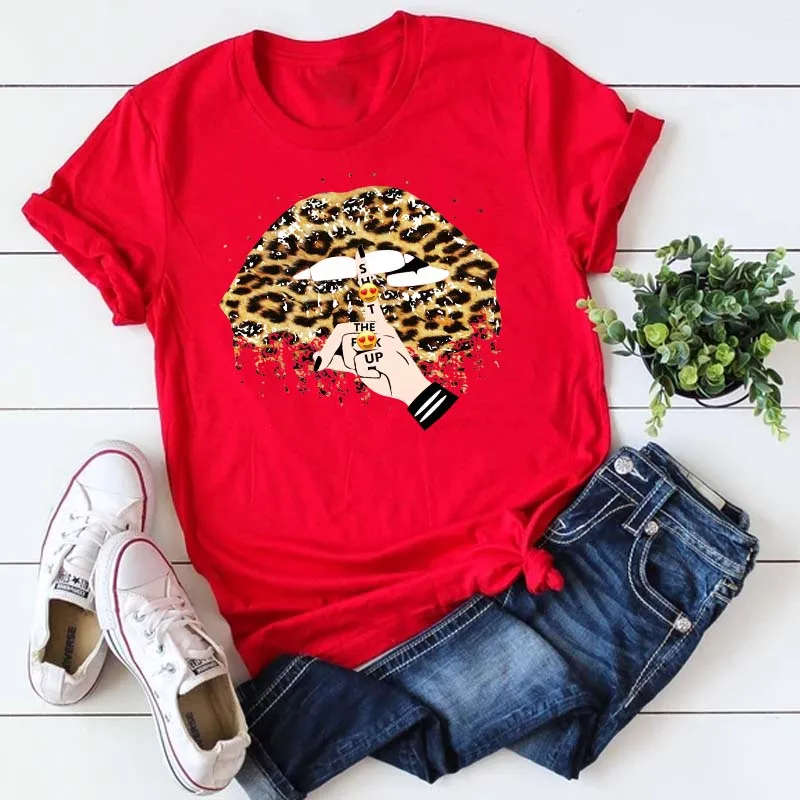 Maycaur New T Shirt Women Fashion Leopard Lips Print Red T-shirt Tops Tee Female Cute Graphic Short Sleeve Tee Shirts Ladies Top