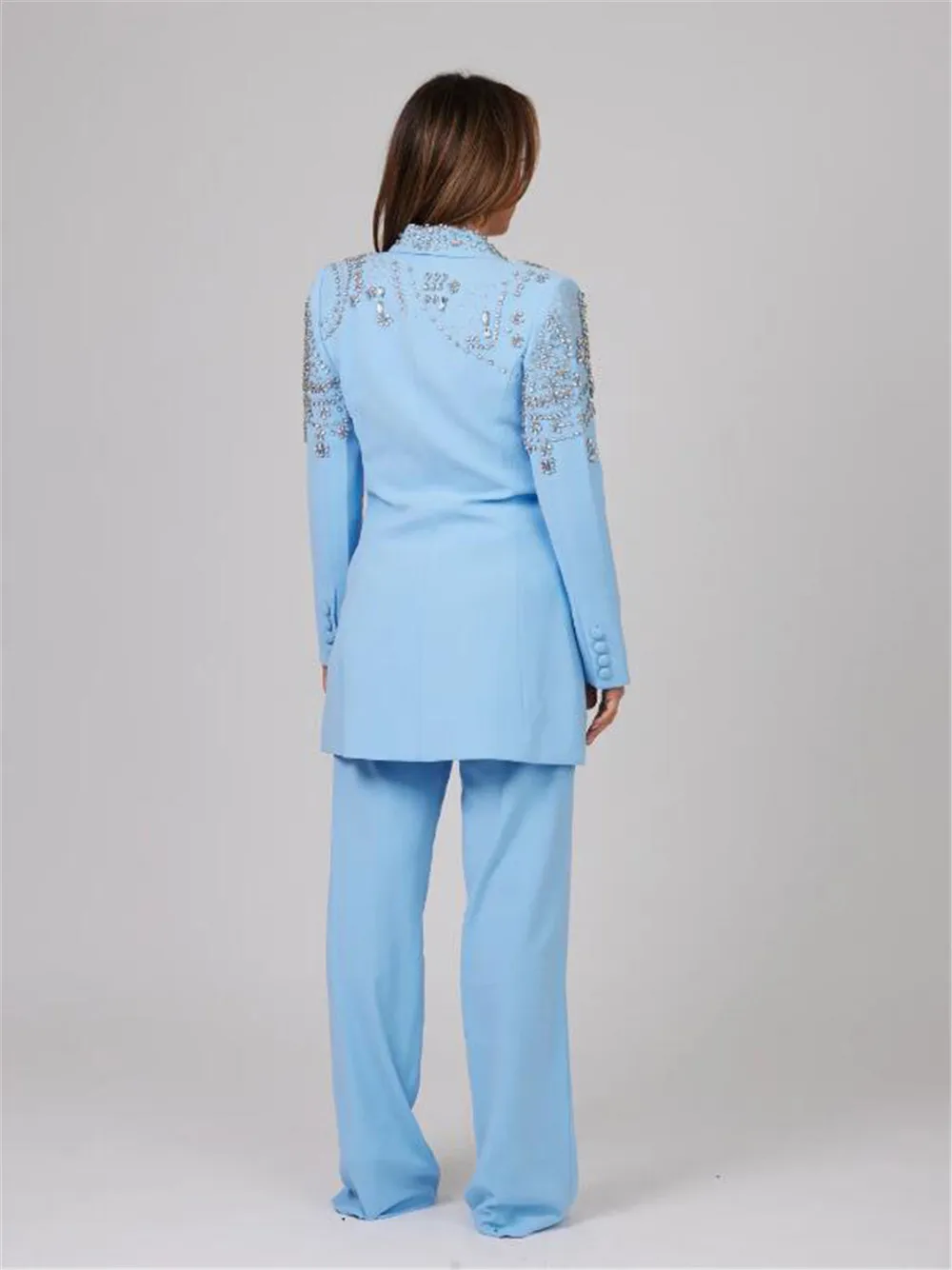 Costumes bleus perlés de cristal pour femmes, blazer à revers transparent, pantalon de luxe, veste à simple boutonnage, robe de soirée formelle, diamants, 2 pièces