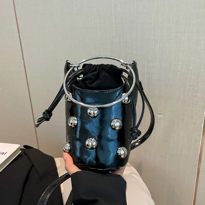 

Round Ring Handle Bag Small Rivet Bucket Crossbody Bag For Women Black Brown Pu Leather Shoulder Handbag And Purse Clutch Bag