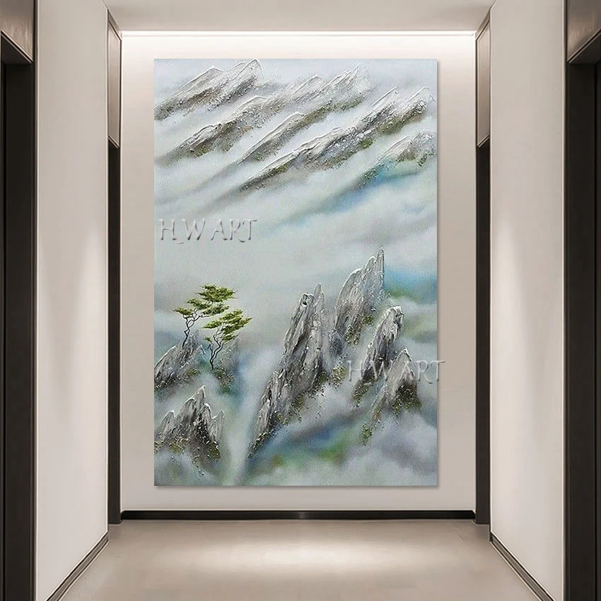 Modern Green Tree Oil Paintings, Canvas Decoration Acrylic Artwork, Frameless, 3D Mountain Top Abstract Landscape Art Picture