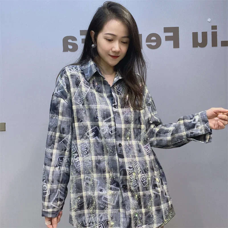 

2024 New Autumn Shiny Hot Drilling Plaid Women Blouses All-match Loose Long Sleeve Cardigans Coat Single-breasted Casual Top