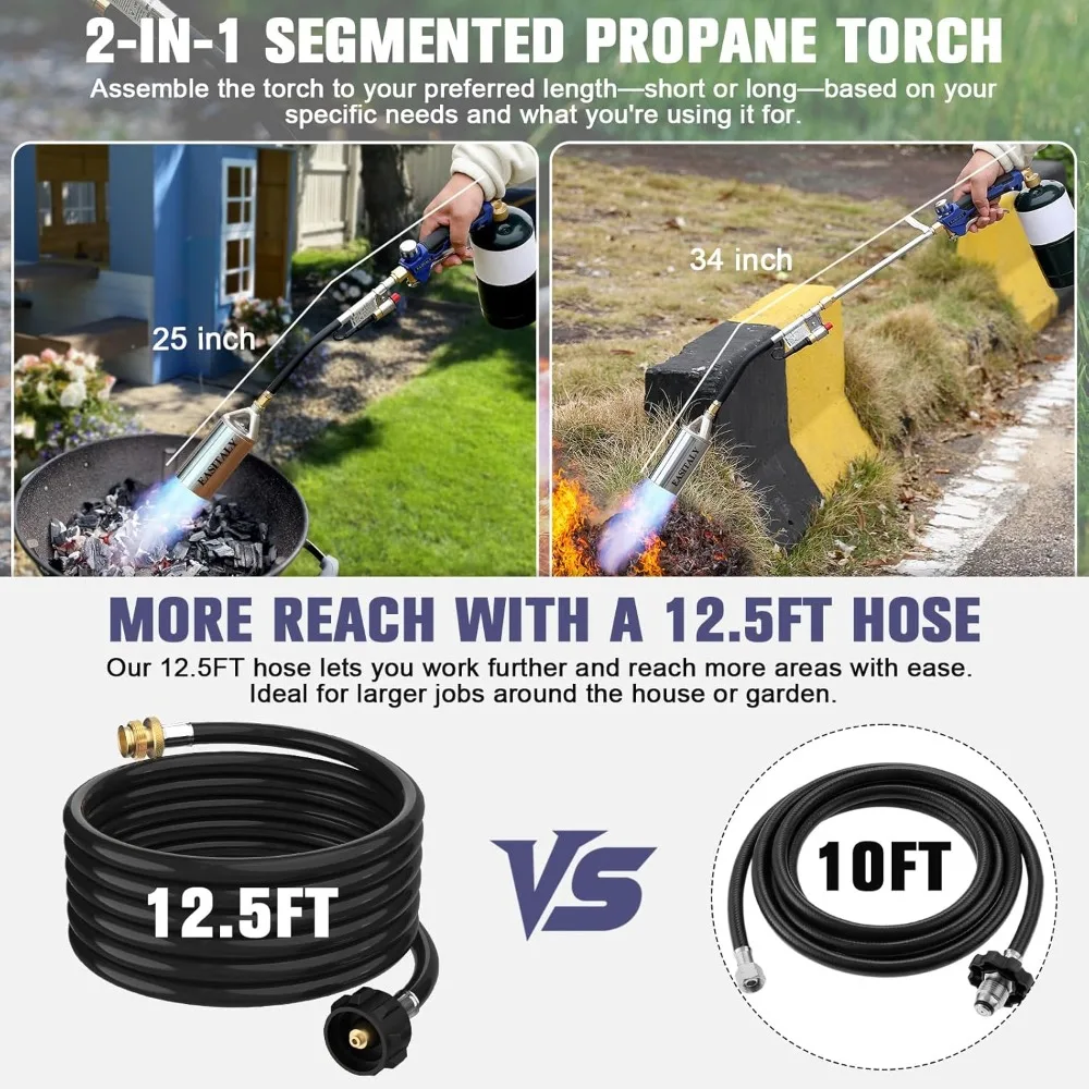 US Shipping Propane Torch Weed Burner Kit High Output 12.5FT Hose Heavy Duty Blow Torch Flamethrower Long Short Mode for
