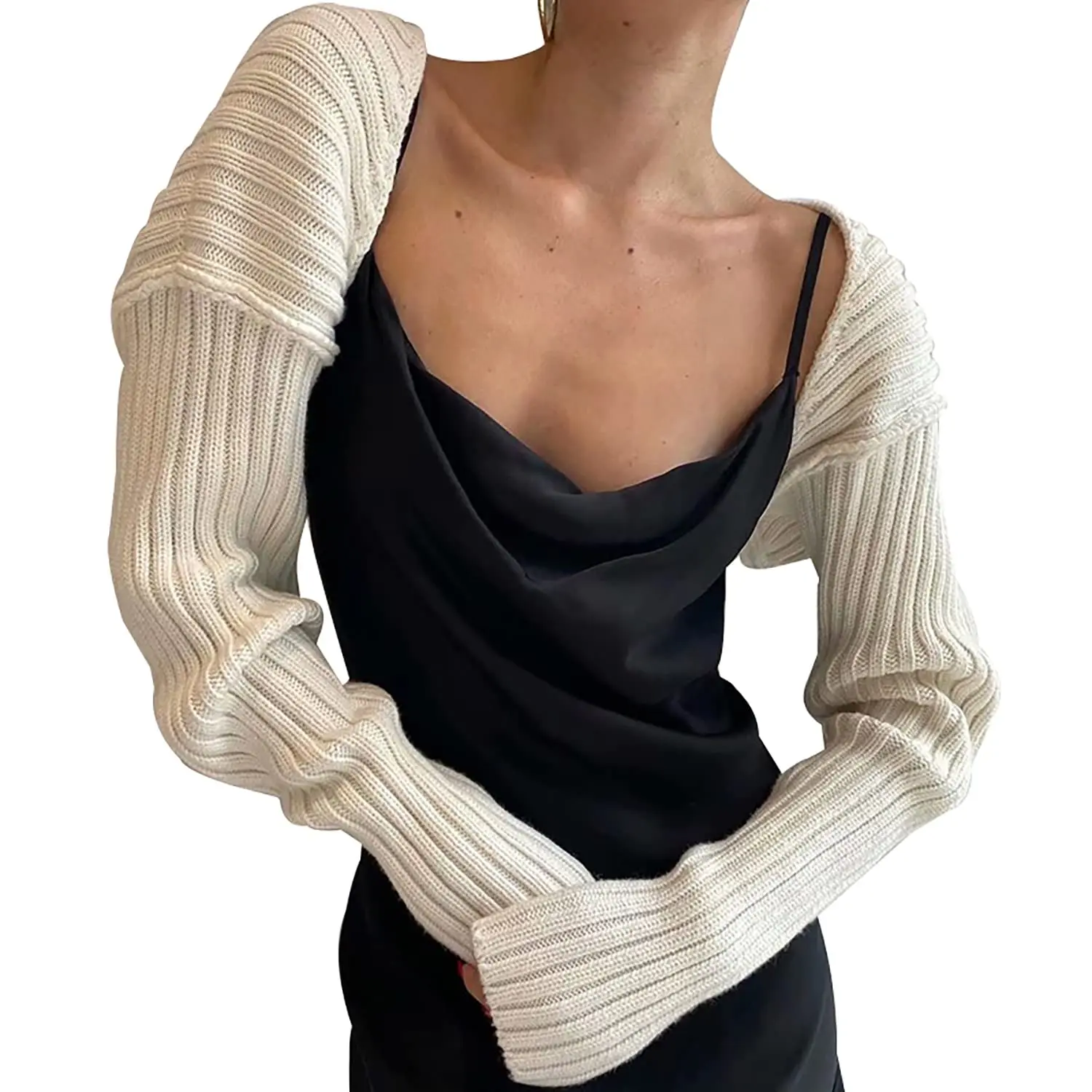 DZ-DZ Women Y2K Open Front Rib Knit Shrug Crop Cardigan Solid Drop Shoulder Puff Long Sleeve Sweater Tops Outerwear