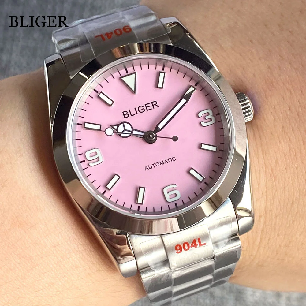 

BLIGER 36mm NH35A Polished Automatic Men Watch Steel Bracelet MIYOTA PT5000 Movement Sapphire Crystal Luminous Pink Red Dial