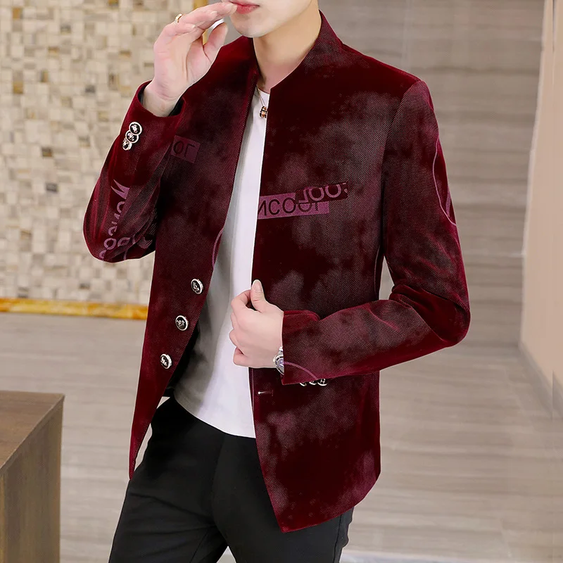 

High Quali Men's Printed Slim Fit Thin Waistcoat Korean Sle Stand Collar Zhongan Suit Casual Western Wear Polyester Fiber