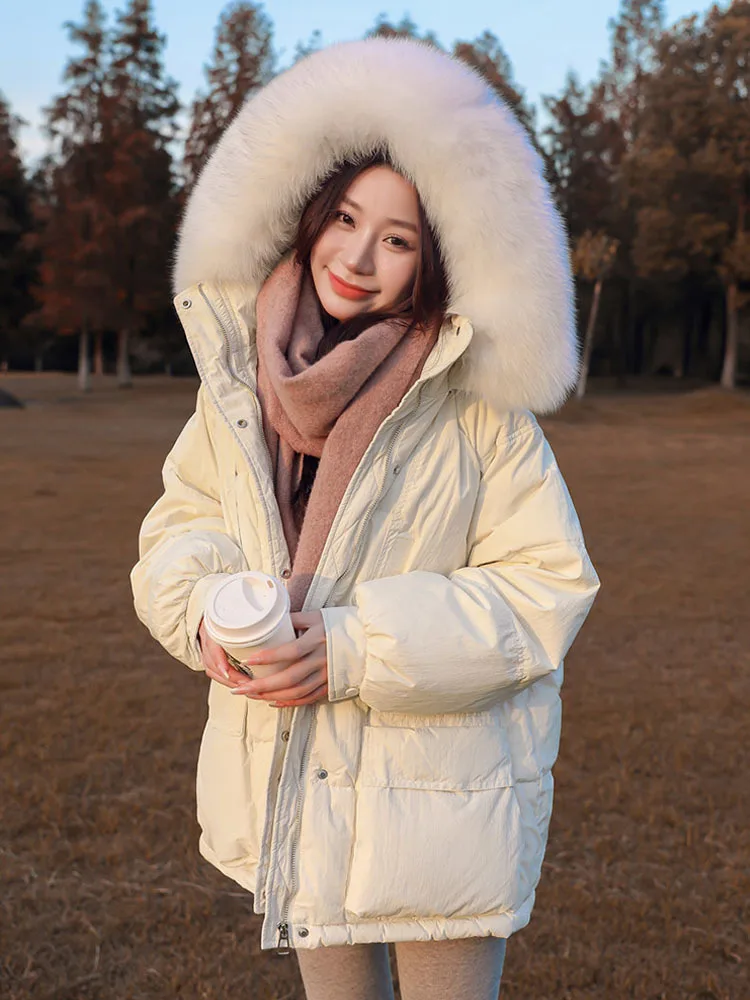 2023 Short Puffer Jacket Women 90% Duck Down Coat Huge Fox Raccoon Fur Hooded Winter Thicken Female  Feather Parkas