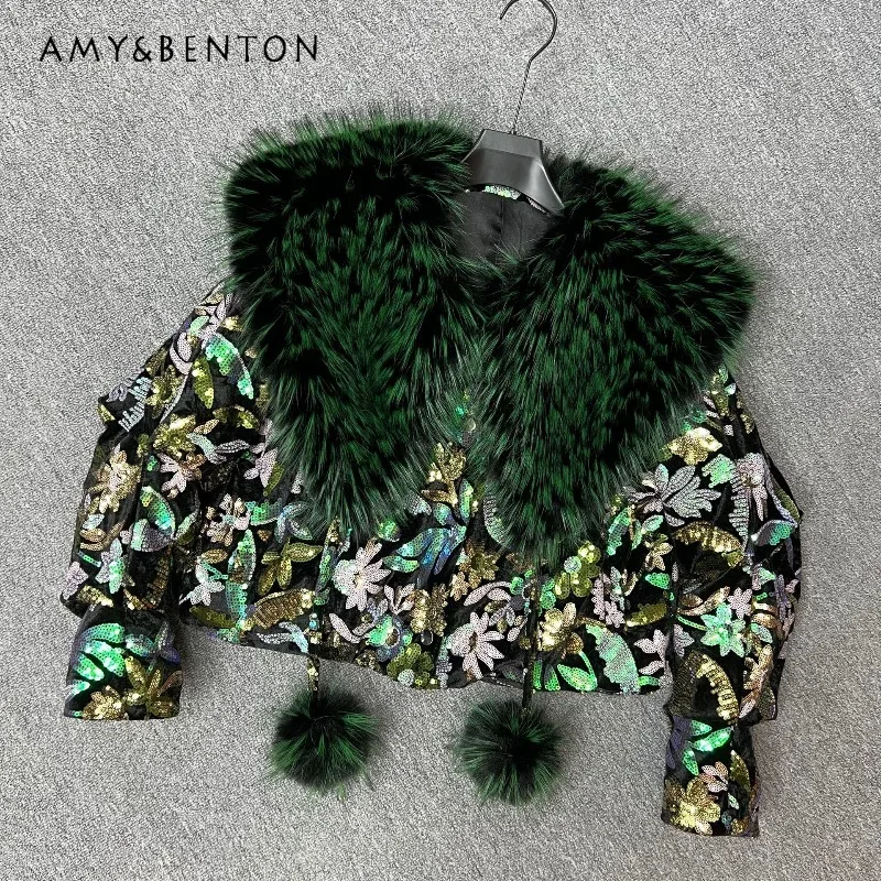 

Fashion Large Furry Collar Quilted Thickened Warm Coat Women's Stylish Sequin Faux Fur Top Winter New Short Single-breasted Coat