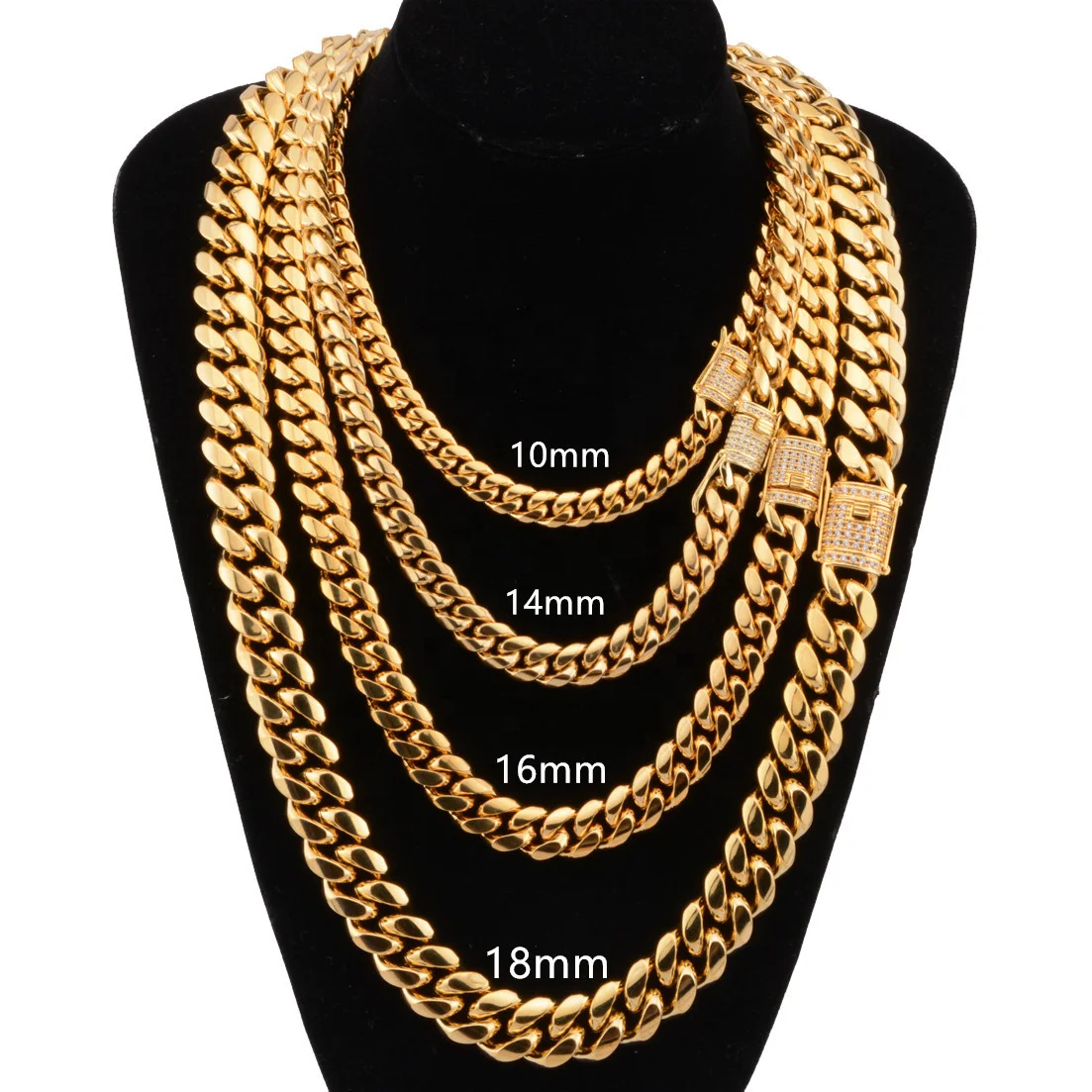 Hip Hop Iced Clasp Stainless Steel Collar Cubano Necklace Miami Gold Cuban Link Chain