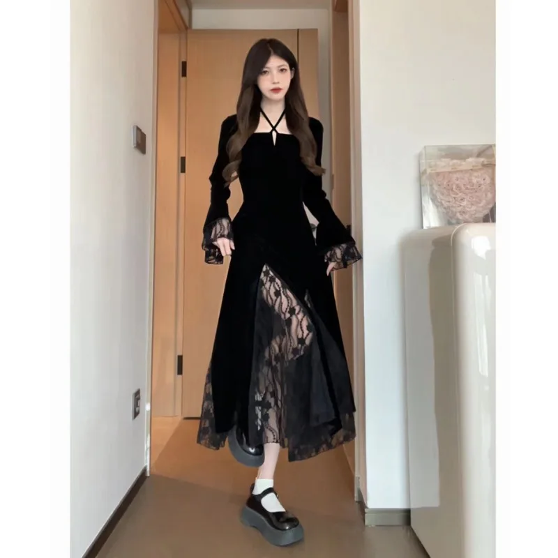 

Miiiix Korean Fashion Split Lace Dress Women's Autumn New High End Black Hanging Neck Slim Fit Velvet Dress Female Clothing