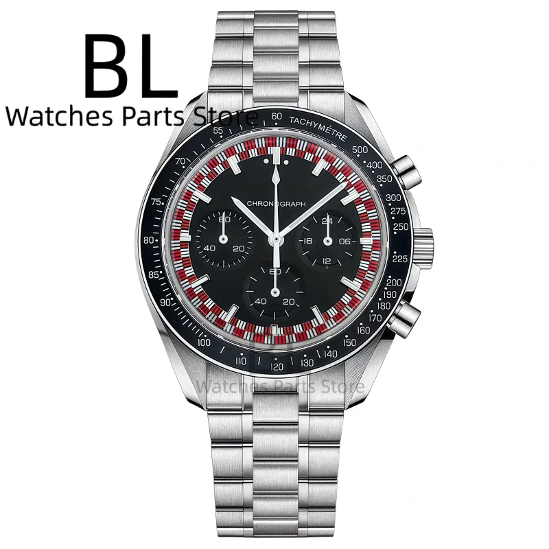 BLIGER 40mm Moon Quartz Watch For Men VK63 Chronograph Bubble Crystal Waterproof Stainless Steel Black White Dial Business Watch view 5