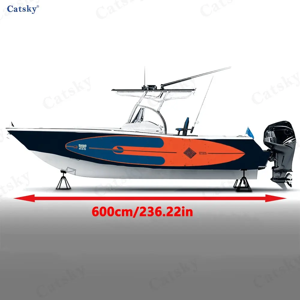 Orange-Blue Geometric Wave Texture Boat Stickers, PVC Waterproof Vinyl Wrap Decals for Fishing Boats, Durable and Stylish Design