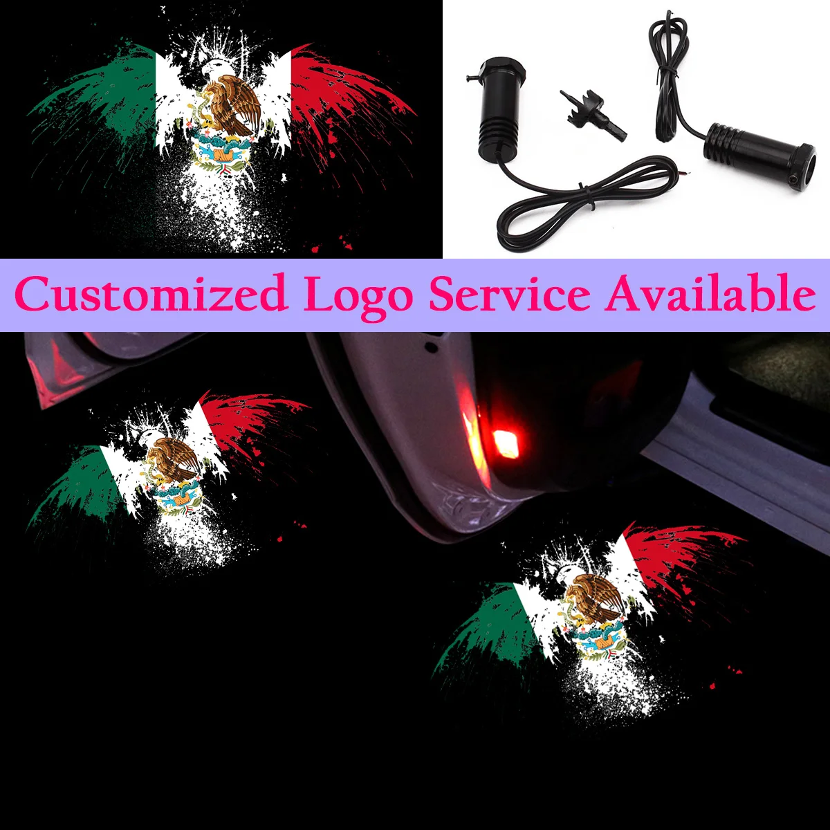 2x Mexican Eagle Logo Car Door Lights Mexico Flag Wired Welcome Courtesy Door LED Light Ghost Shadow Puddle Projector Light