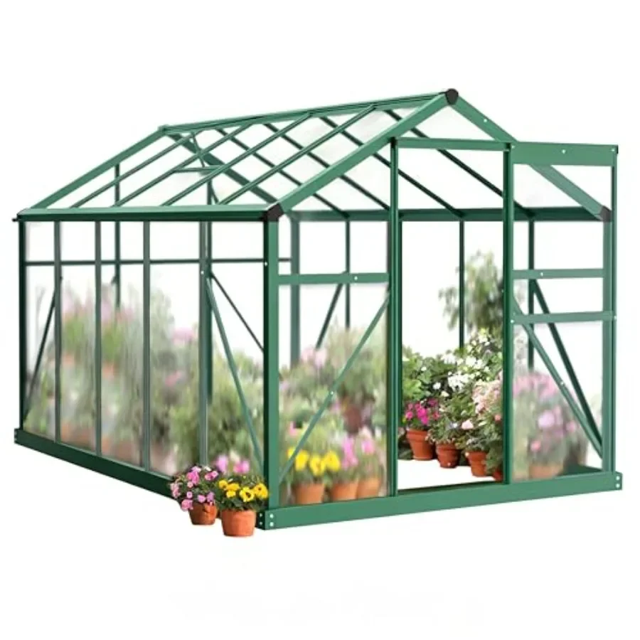 Outdoors greenhouse for winter use, polycarbonate + aluminum construction, green color, heavy-duty tunnel design with roof vent